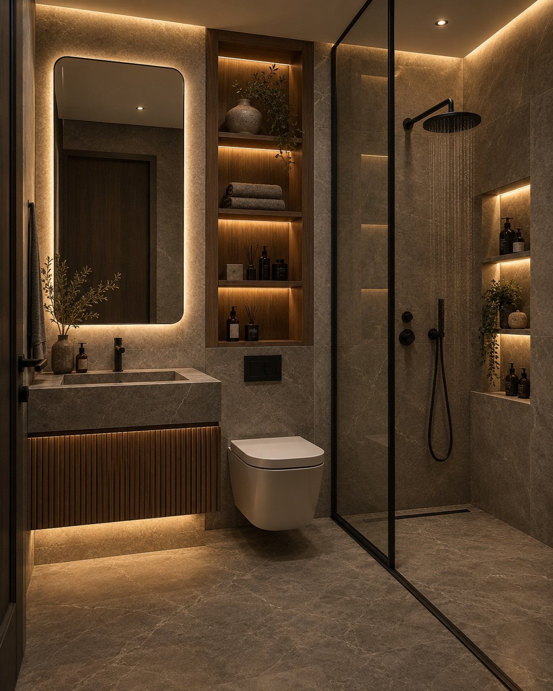 Modern bathroom with grey stone tiles, floating vanity, and recessed wooden shelving unit.