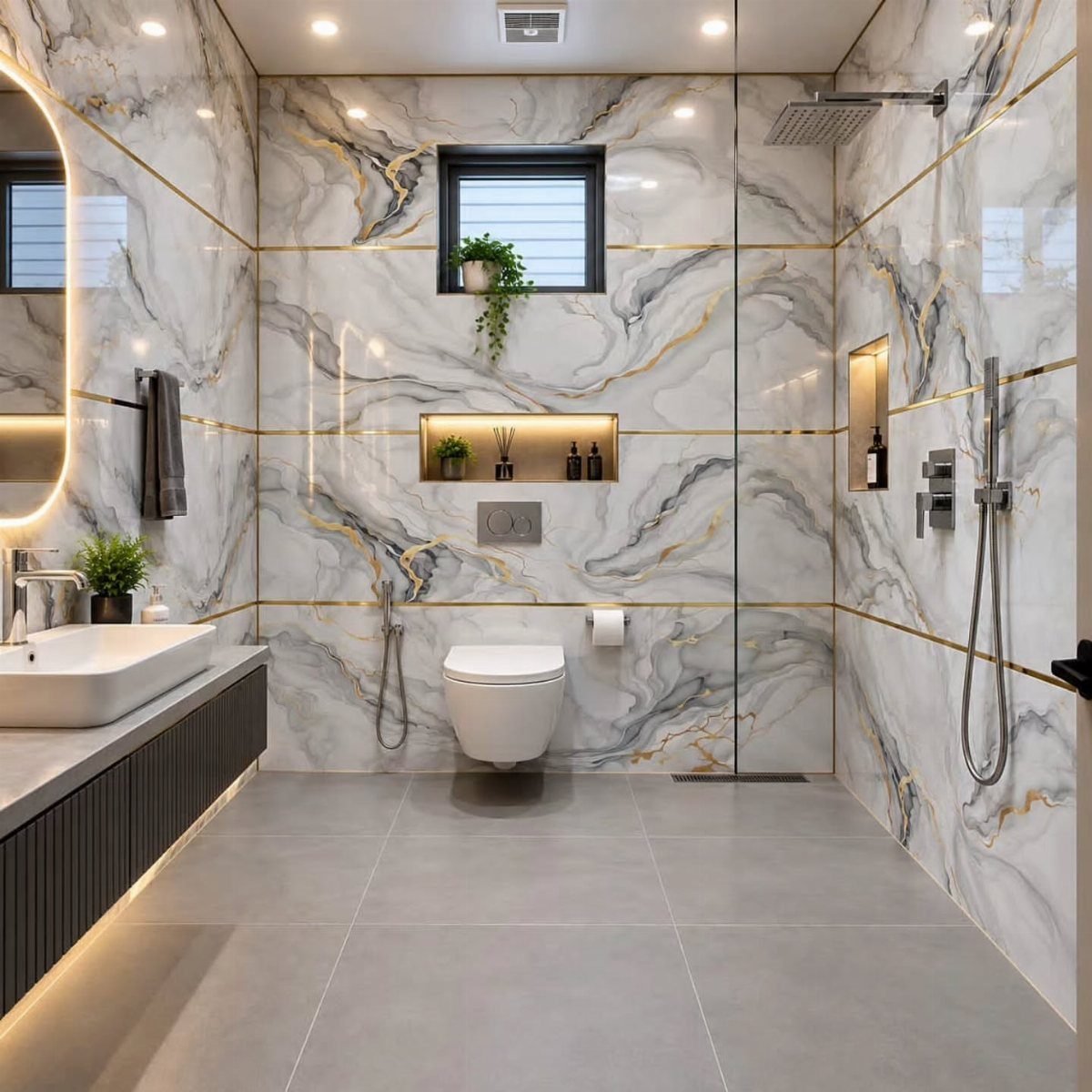 Modern bathroom with large marble wall tiles, gold accents, and grey floor tiles.