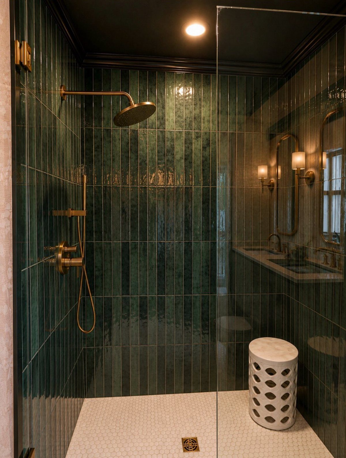 Dark green vertical tiles in a shower with gold fixtures and white floor.