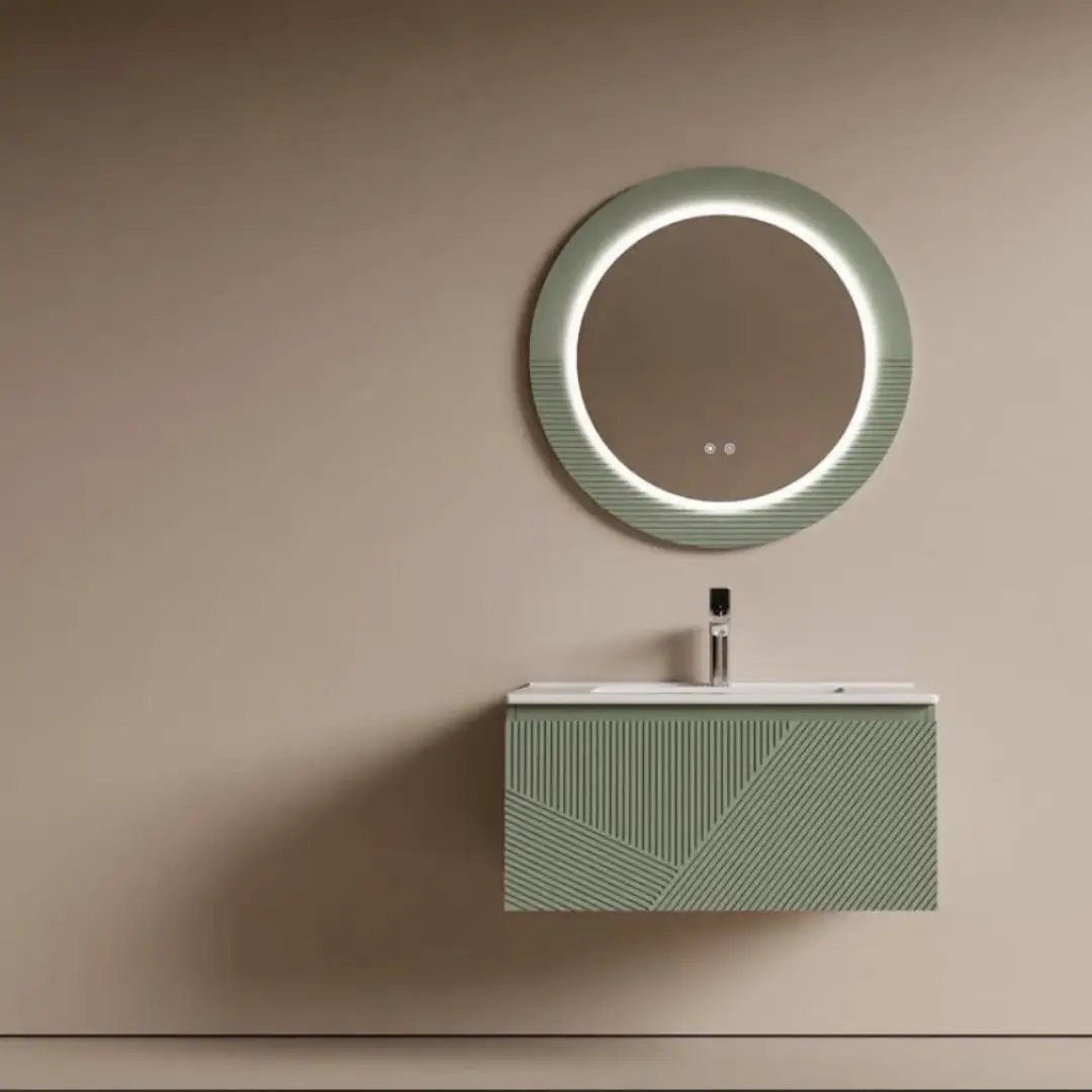 Floating green vanity with geometric patterns and a circular backlit mirror.