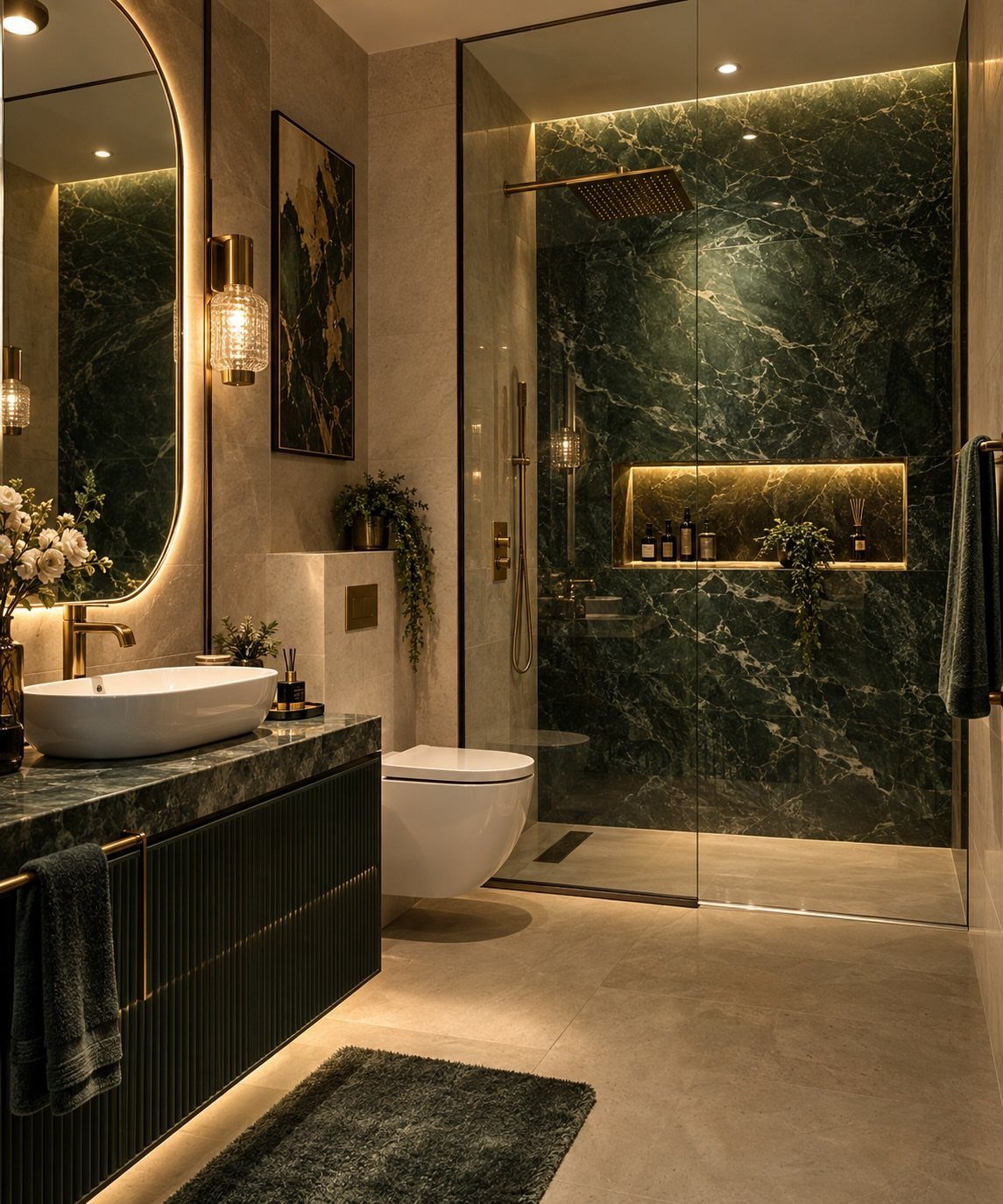 Dark green marble walls and countertops in a modern luxury bathroom with gold accents.