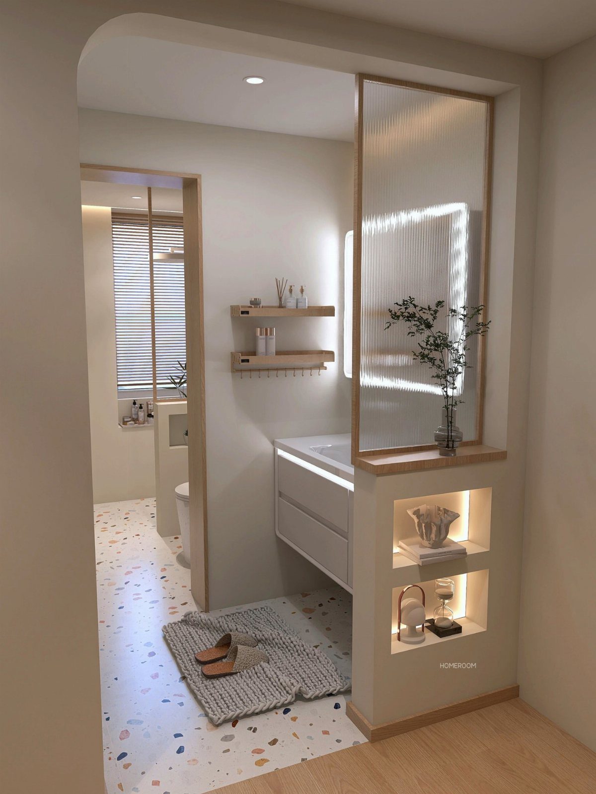 White floating vanity sink in a modern bathroom with terrazzo floors and wooden shelves.
