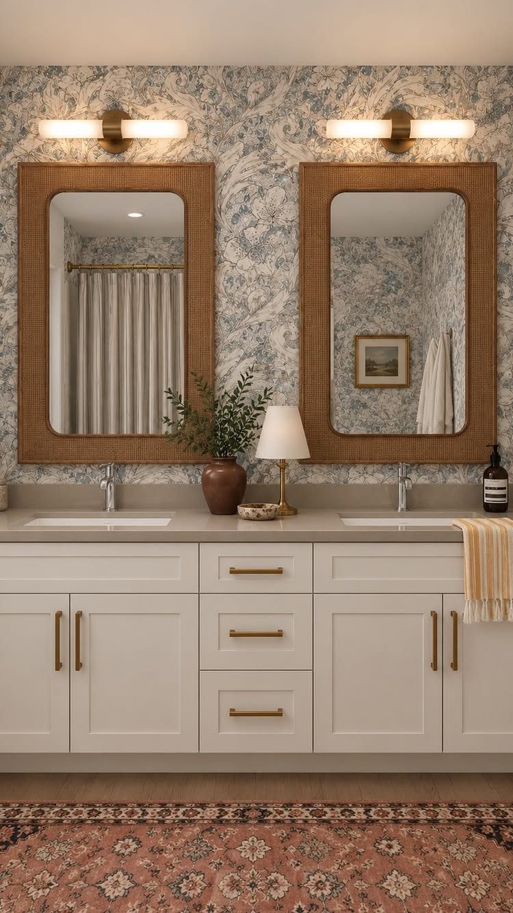Two large wooden framed mirrors above a white bathroom vanity with patterned wallpaper.