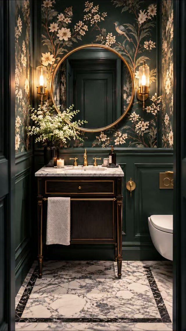 Floral wallpaper and dark green walls in a luxury half bathroom with marble flooring.