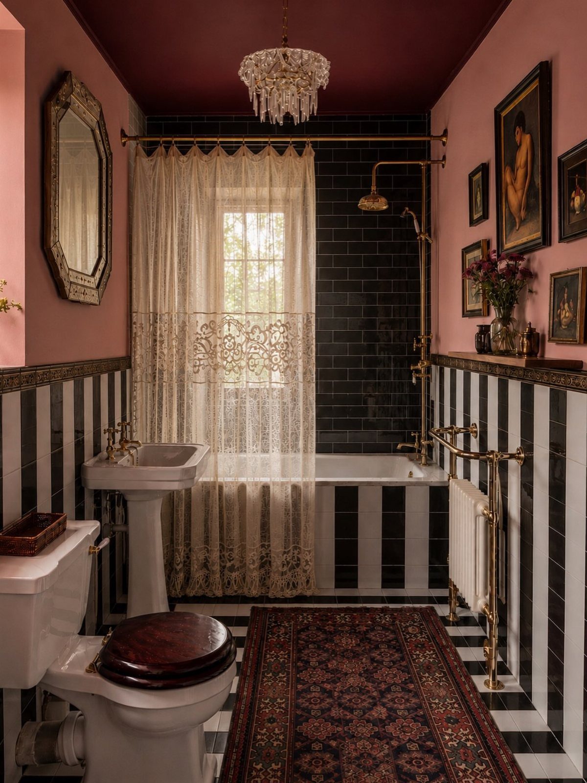 Maximalist bathroom with striped walls, red ceiling, crystal chandelier, and ornate rug.