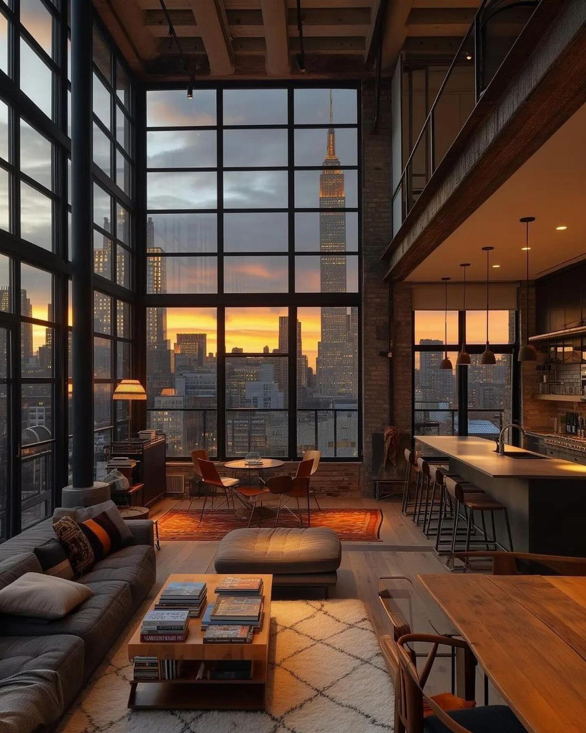 Modern industrial loft interior with floor-to-ceiling windows overlooking a city sunset skyline.