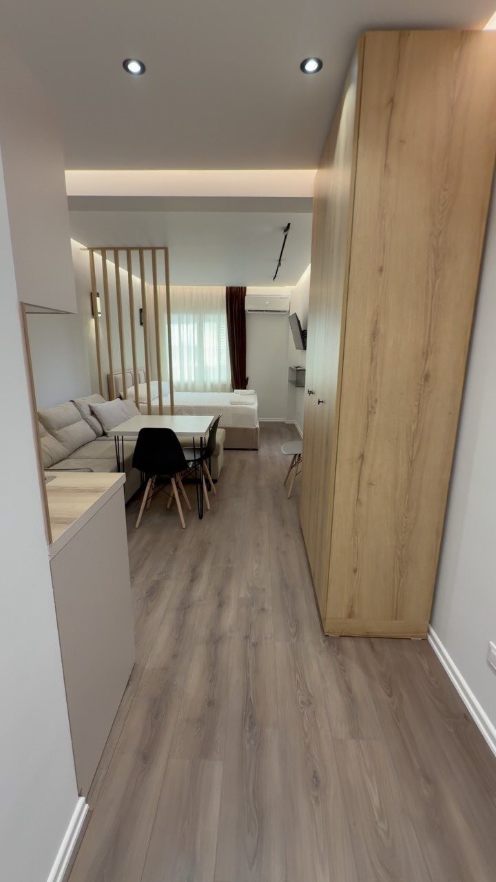 Studio apartment interior with light wood floors, wardrobe, and a bed area.