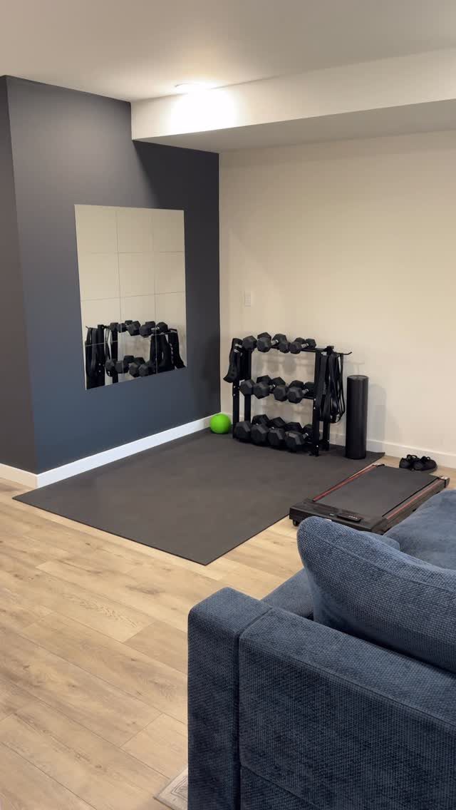 Home gym setup with dumbbells, exercise ball, and mirror in a living room