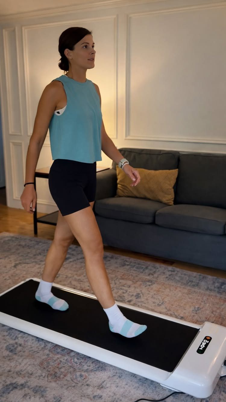 Woman walking on a slim white walking pad treadmill in a living room