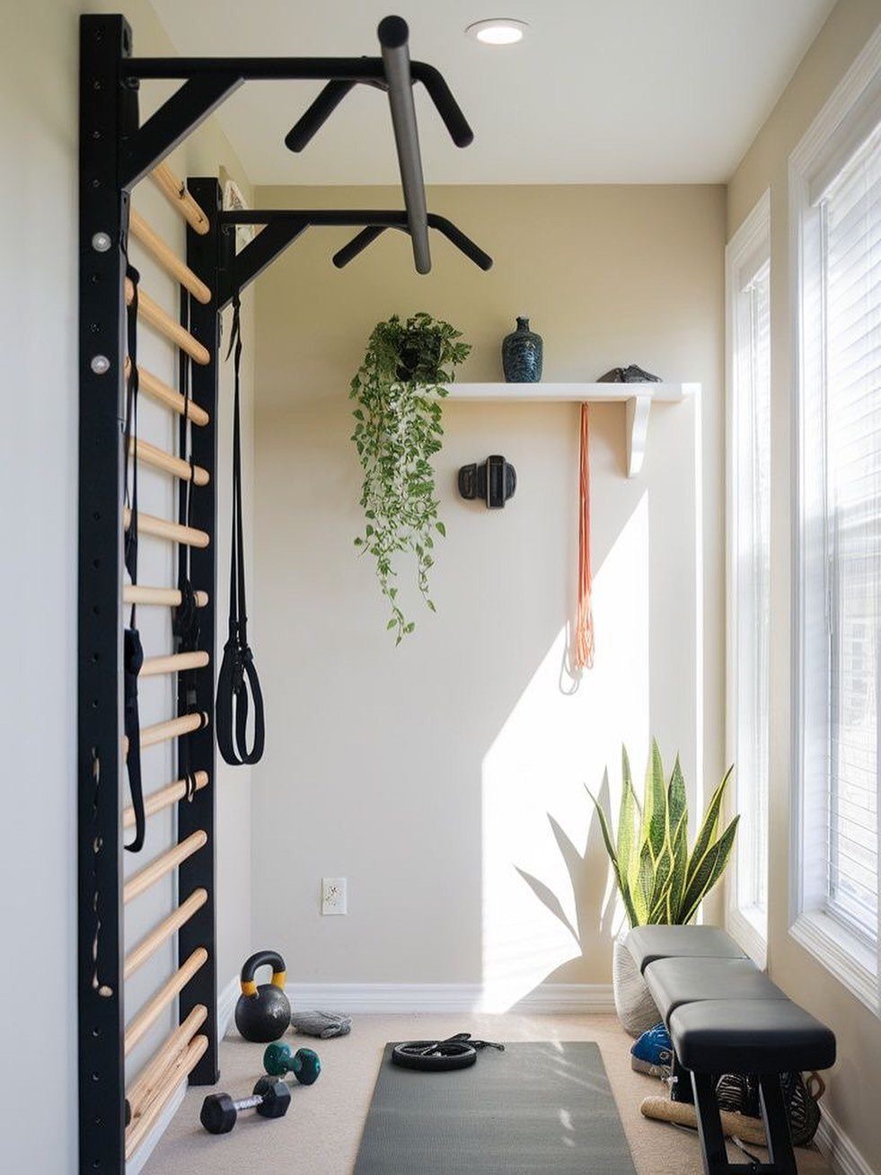 Home gym setup with wall bars, weights, and a mat in a bright room.