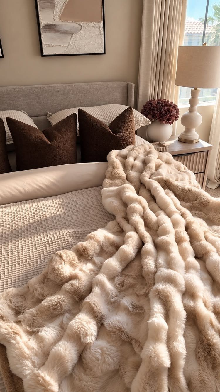 Cream faux-fur throw draped over a bed with brown pillows and neutral bedding.