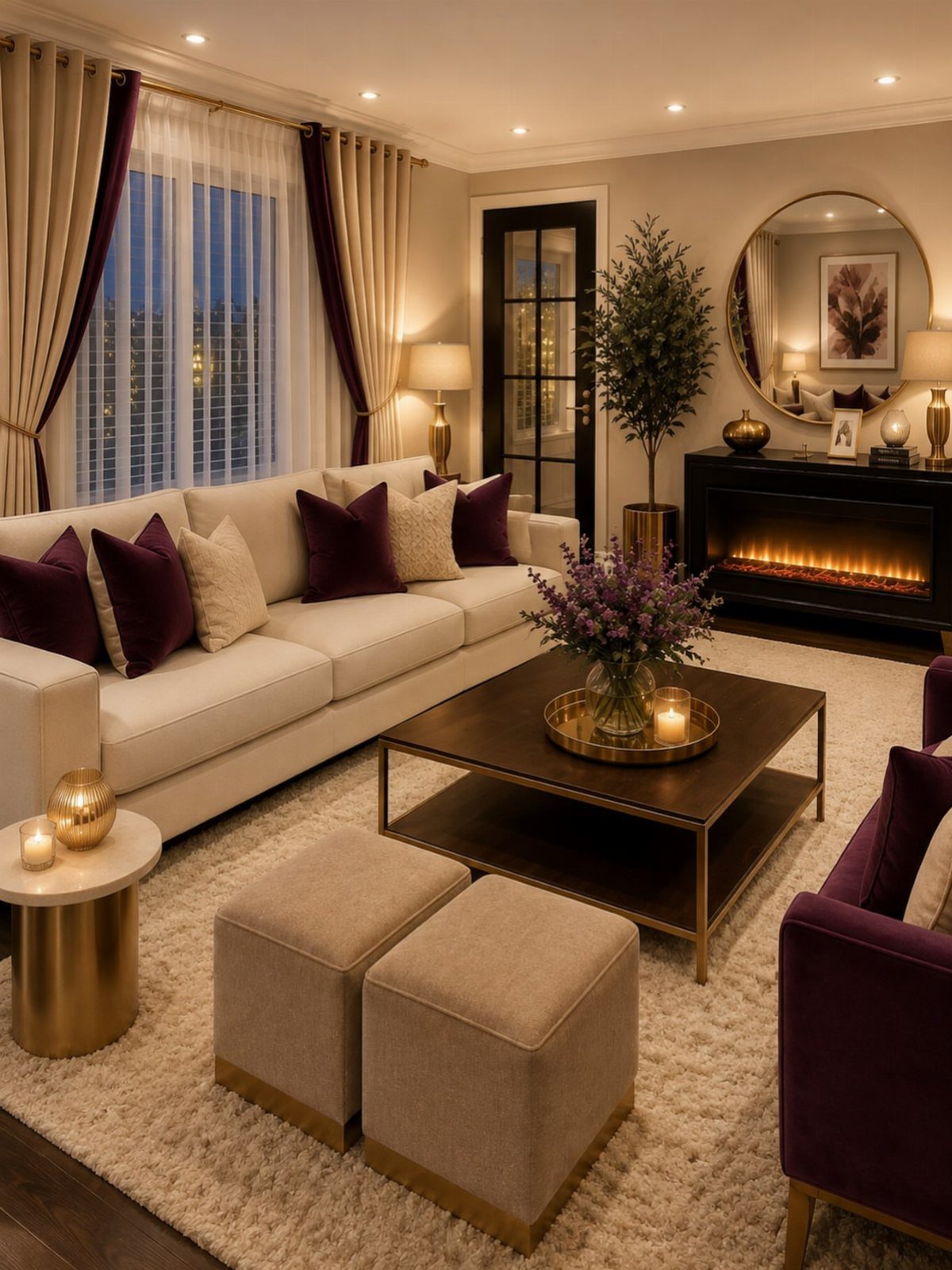 Living room with a white sofa and beige ottomans facing each other across a table.
