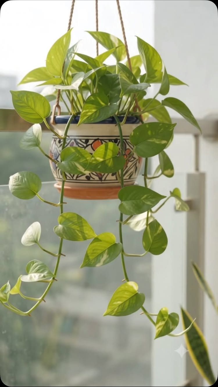 Hanging variegated pothos plant in a decorative ceramic pot with trailing vines.