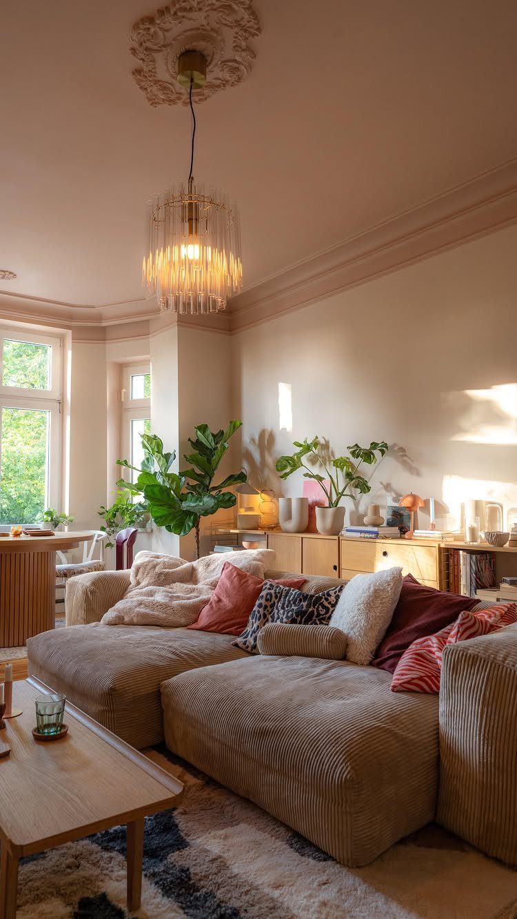 Beige corduroy sectional sofa with neutral and red cushions in a sunlit living room.