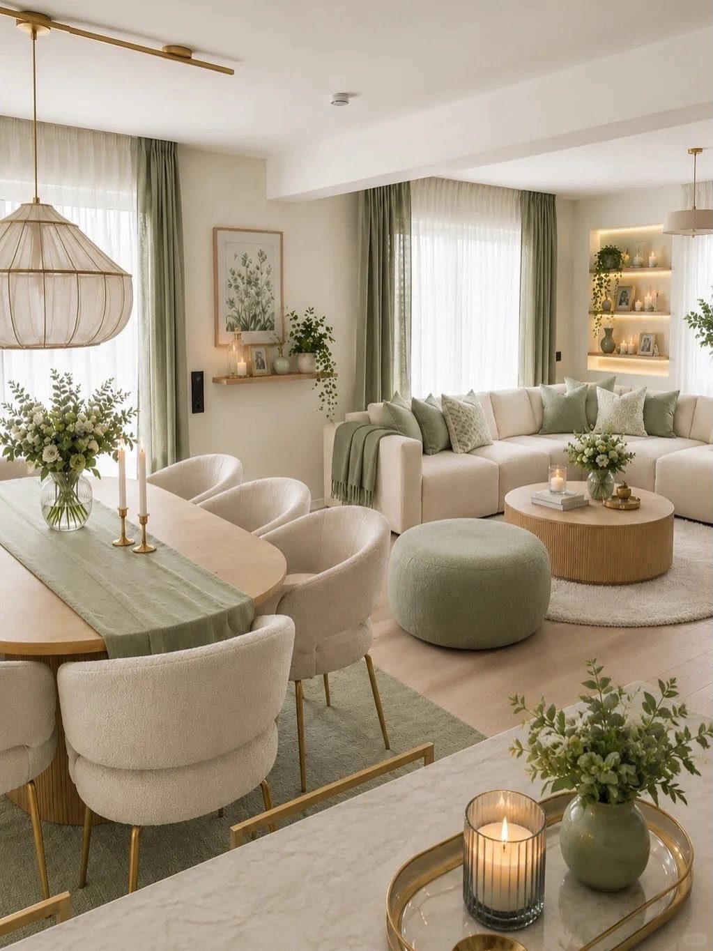 Bright living room with soft neutral tones, cream furniture, and sage green accents.