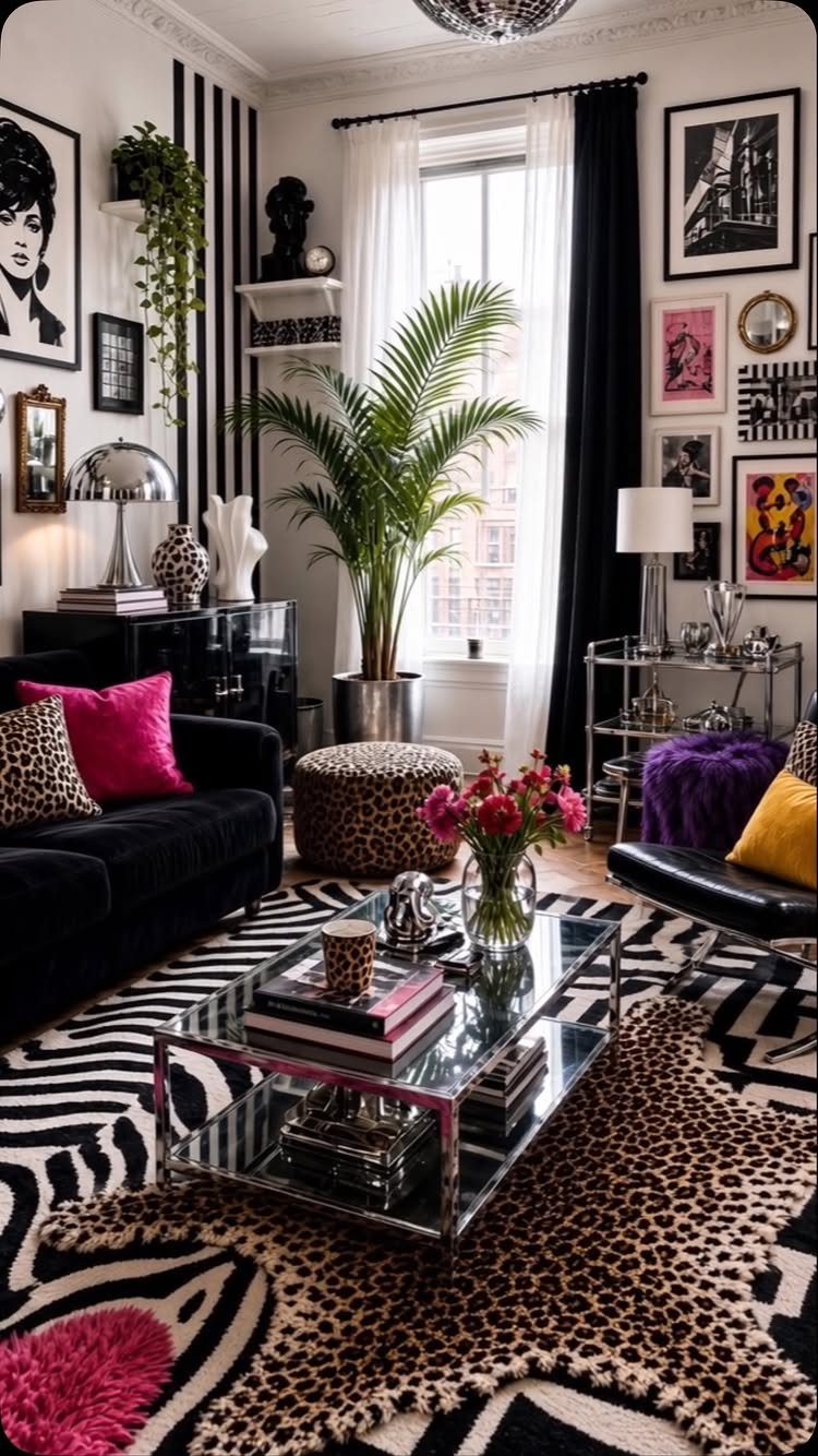 Maximalist living room with bold animal print rugs, pink accents, and striped wallpaper.