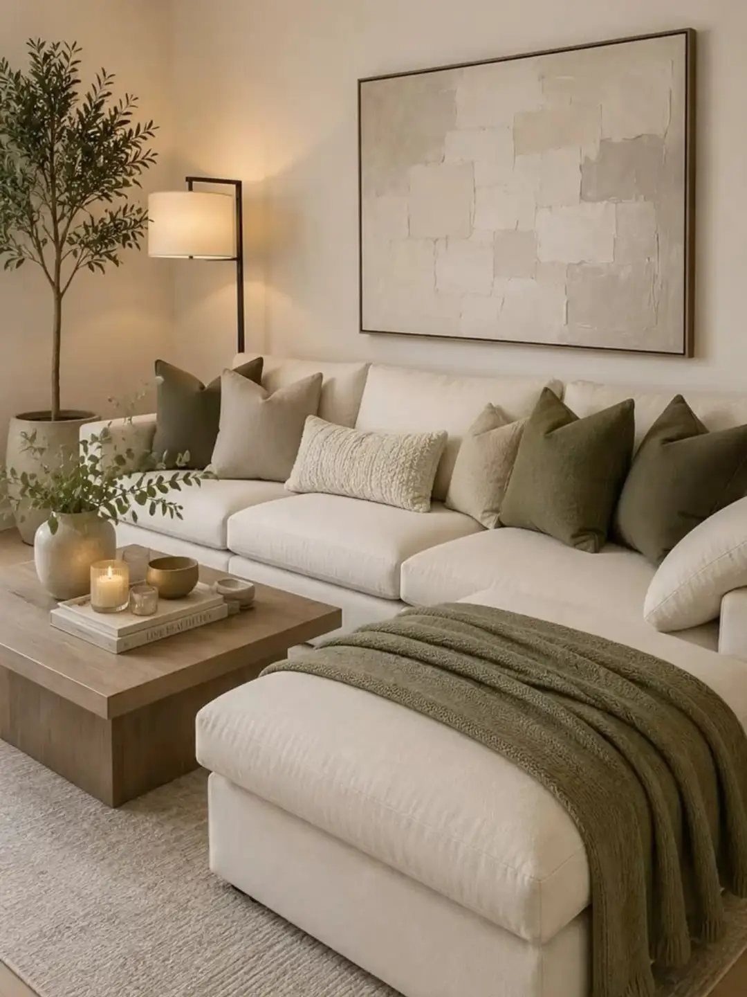 White sectional sofa with olive green accents in a neutral toned living room
