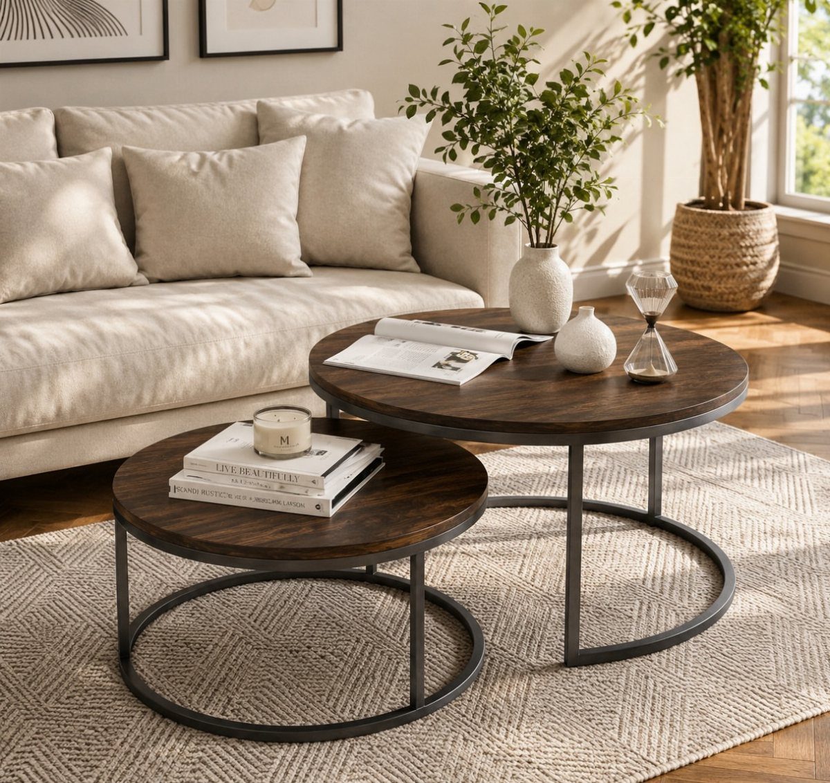 Two round dark wood nesting coffee tables on a beige textured area rug.