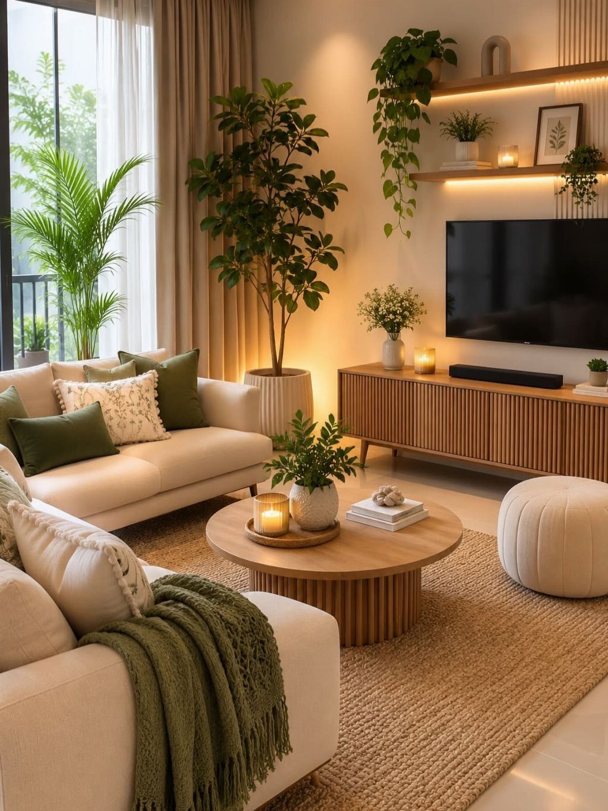 Modern living room featuring various green indoor plants, cream sofas, and wooden furniture.