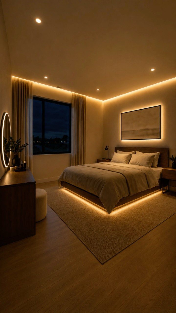 Modern bedroom with warm ambient lighting, low-profile bed, and minimalist neutral decor.