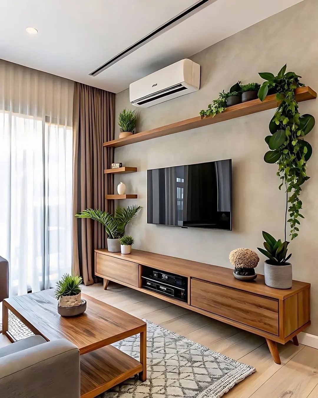 Wall-mounted TV above a wooden media console with floating shelves and indoor plants.