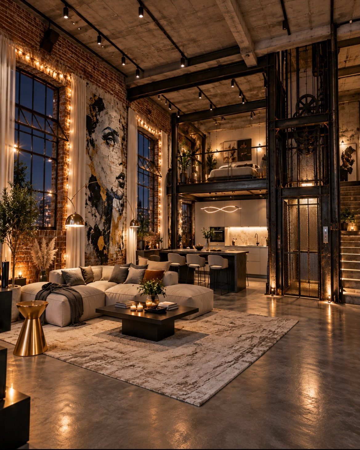 Industrial loft apartment with exposed brick walls, steel beams, and a mezzanine level.