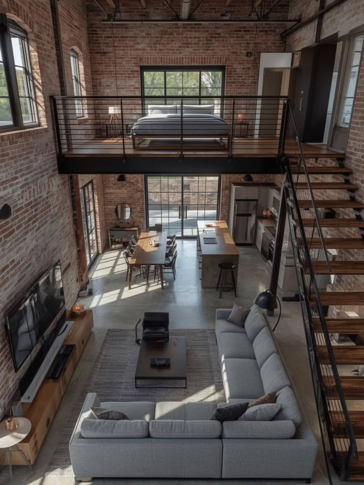 Loft apartment with open floor plan, exposed brick walls, and mezzanine bedroom.