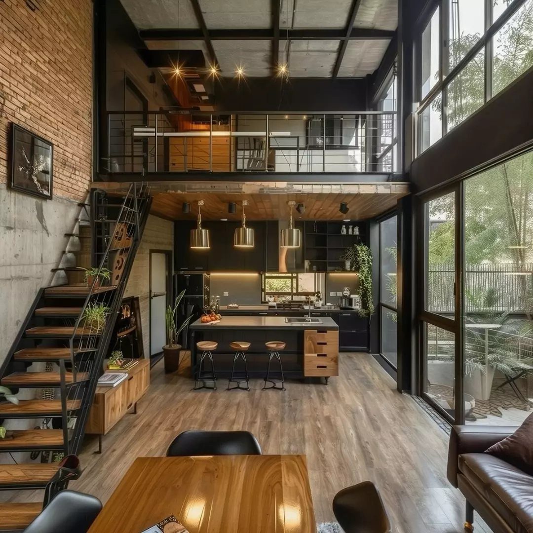 Industrial loft interior with mezzanine level, exposed brick wall, and open floor plan.