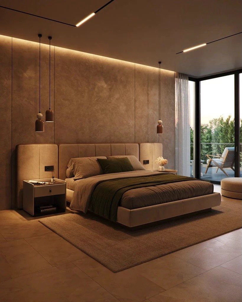 Modern bedroom with beige upholstered bed, olive green accents, and textured brown wall.
