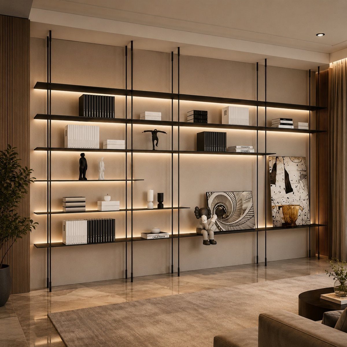 Black metal wall shelves with integrated lighting displaying books and art in a room.