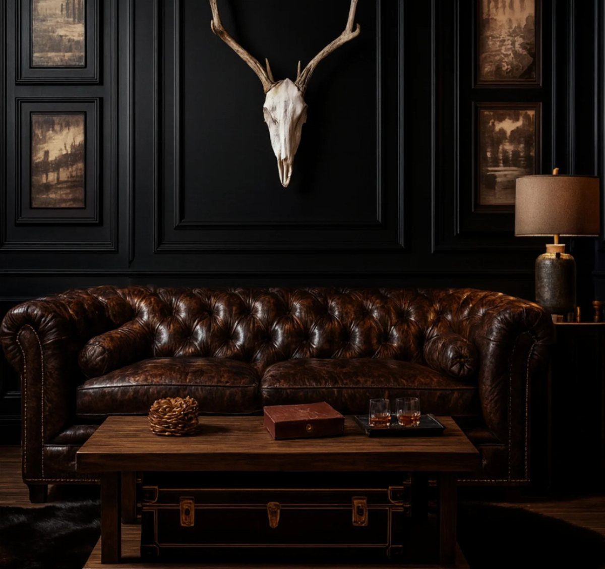 Brown leather Chesterfield sofa in a dark room with black paneled walls.