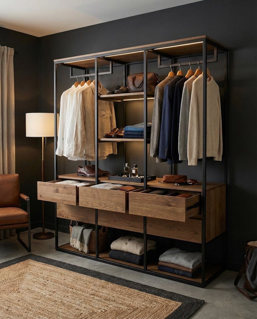 Industrial open wardrobe with black metal frame and wooden drawers in dark room