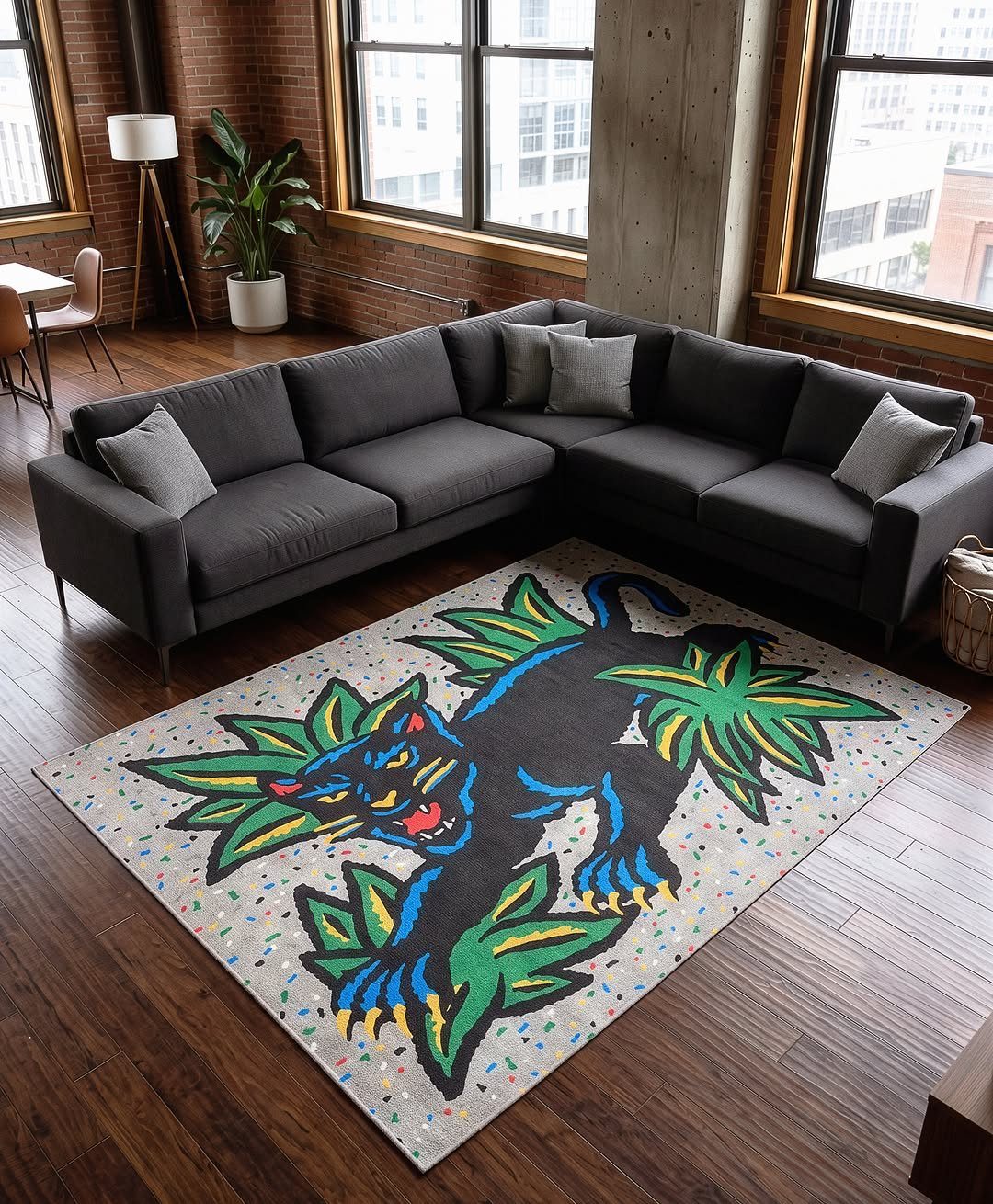 Large rectangular rug with a black panther illustration in a modern industrial living room