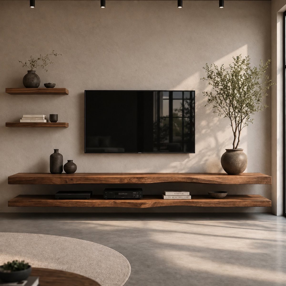 Wall-mounted TV with floating live-edge wooden shelves and a potted olive tree.
