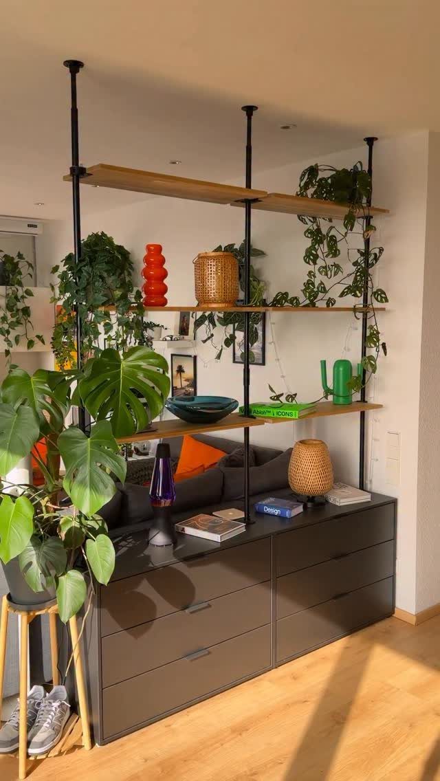 Wooden shelving unit with black poles and plants acting as a room divider.