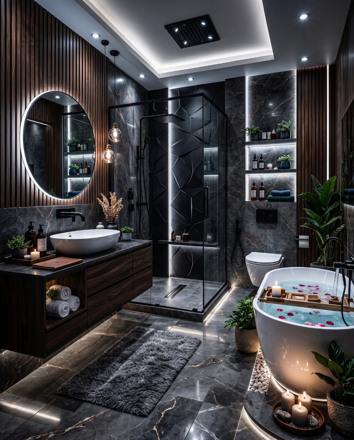Modern luxury bathroom with dark marble walls, freestanding tub, and wood slat accent wall.