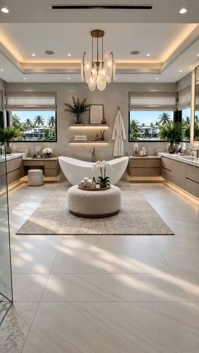Decorative gold chandelier hanging above a white freestanding tub in a luxury bathroom