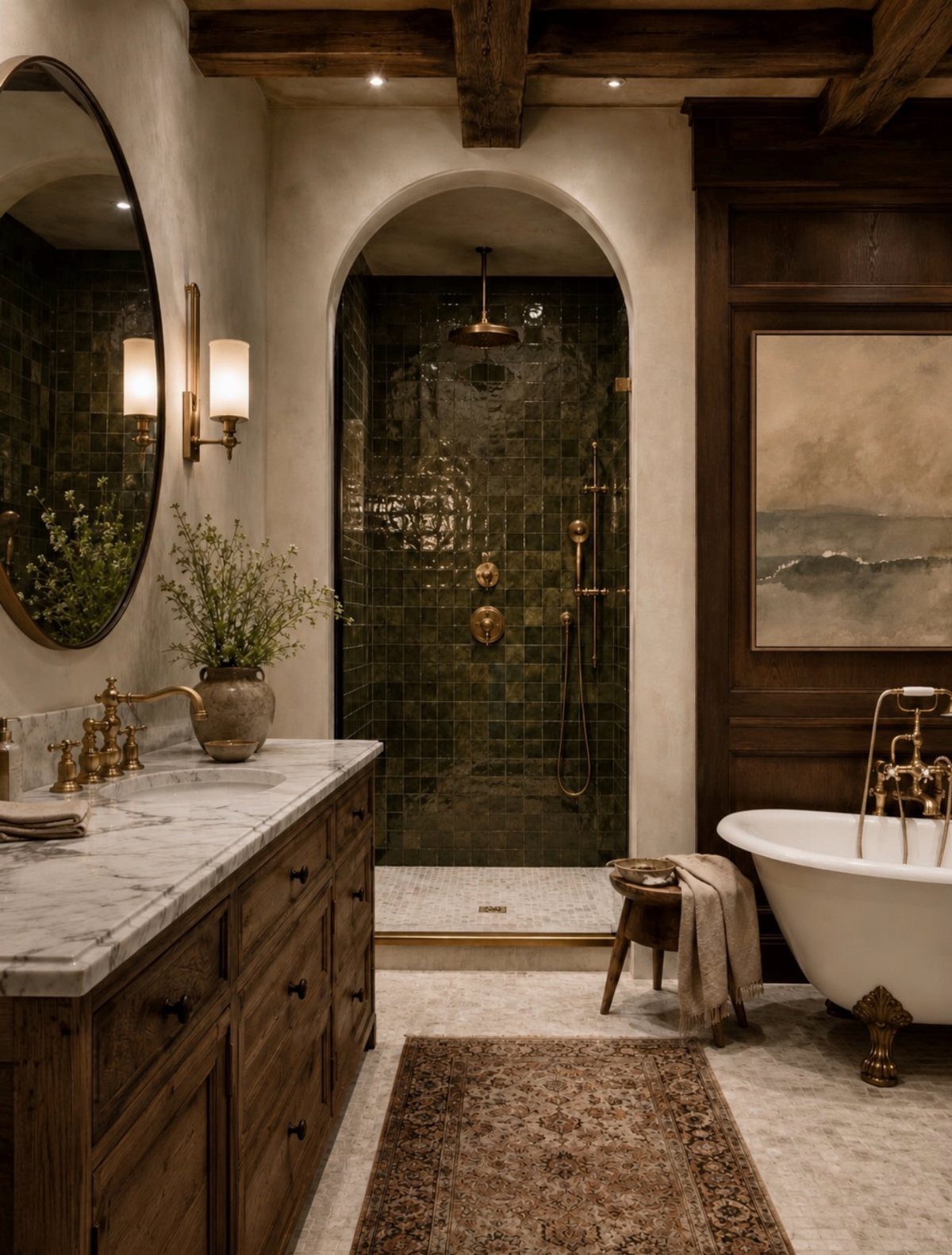 Luxury bathroom with wooden vanity, marble countertops, and dark wood ceiling beams.