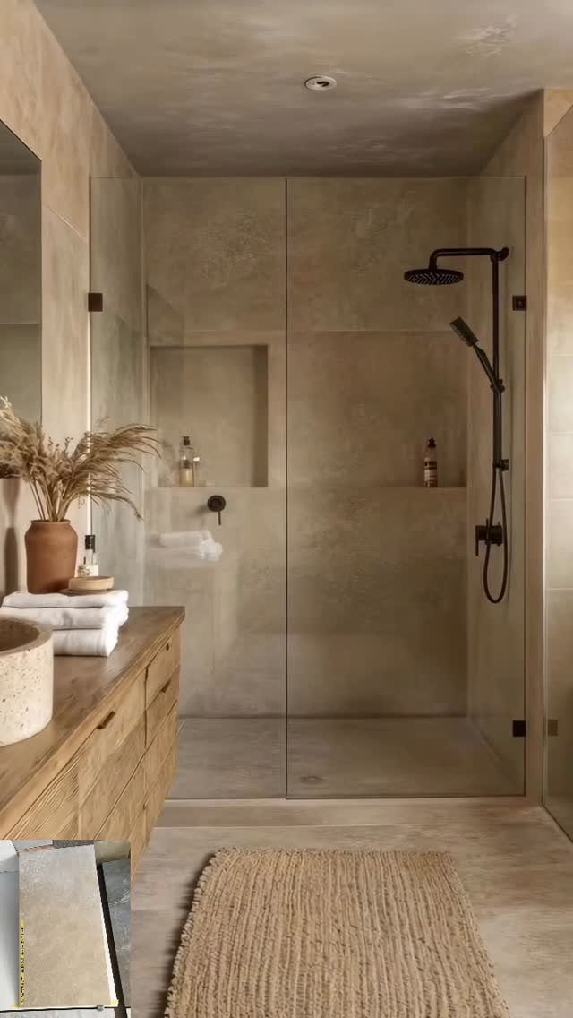Walk-in shower with beige textured tiles, black fixtures, and a built-in wall niche.