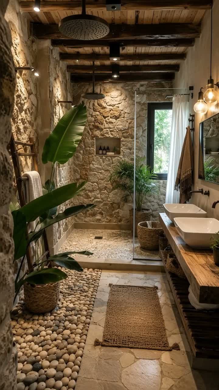 Rustic bathroom with stone walls, wooden vanity, and large green potted plants.