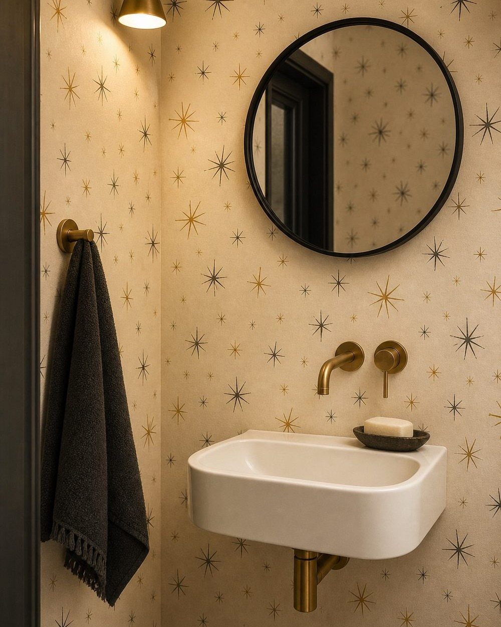 Mid century modern bathroom with starburst wallpaper, white sink, and gold fixtures.