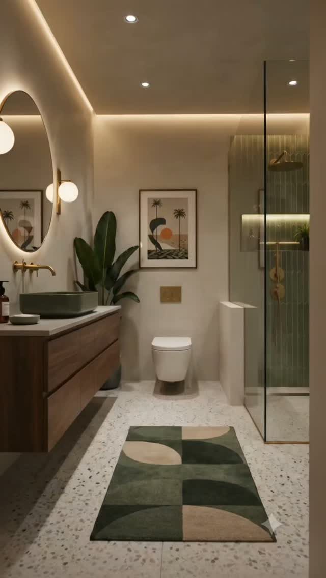 Warm wood floating vanity with a green sink in a modern bathroom.