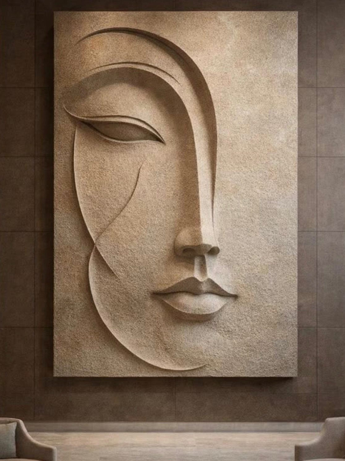 Stone relief sculpture of a stylized face mounted on a dark paneled wall.