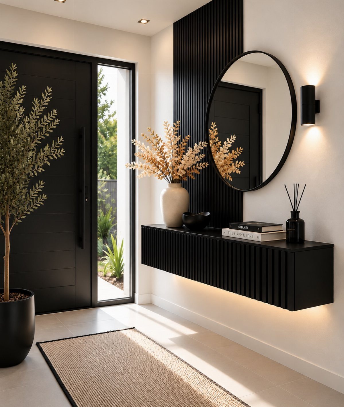 Black floating console table with a round mirror in a modern white entryway