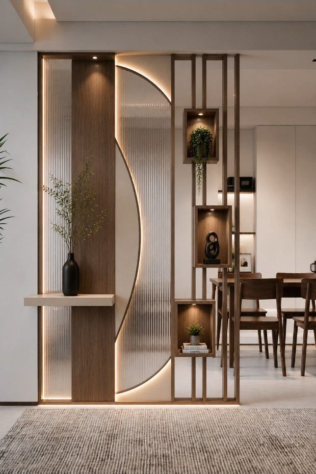 Wooden and fluted glass room divider with integrated shelving and warm LED lighting.