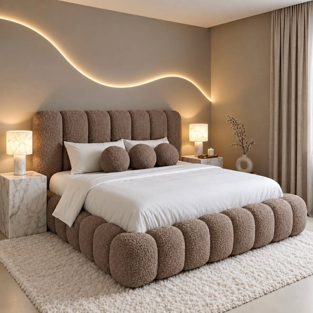 Brown bouclé bed with white linens in a modern bedroom with wavy LED lighting