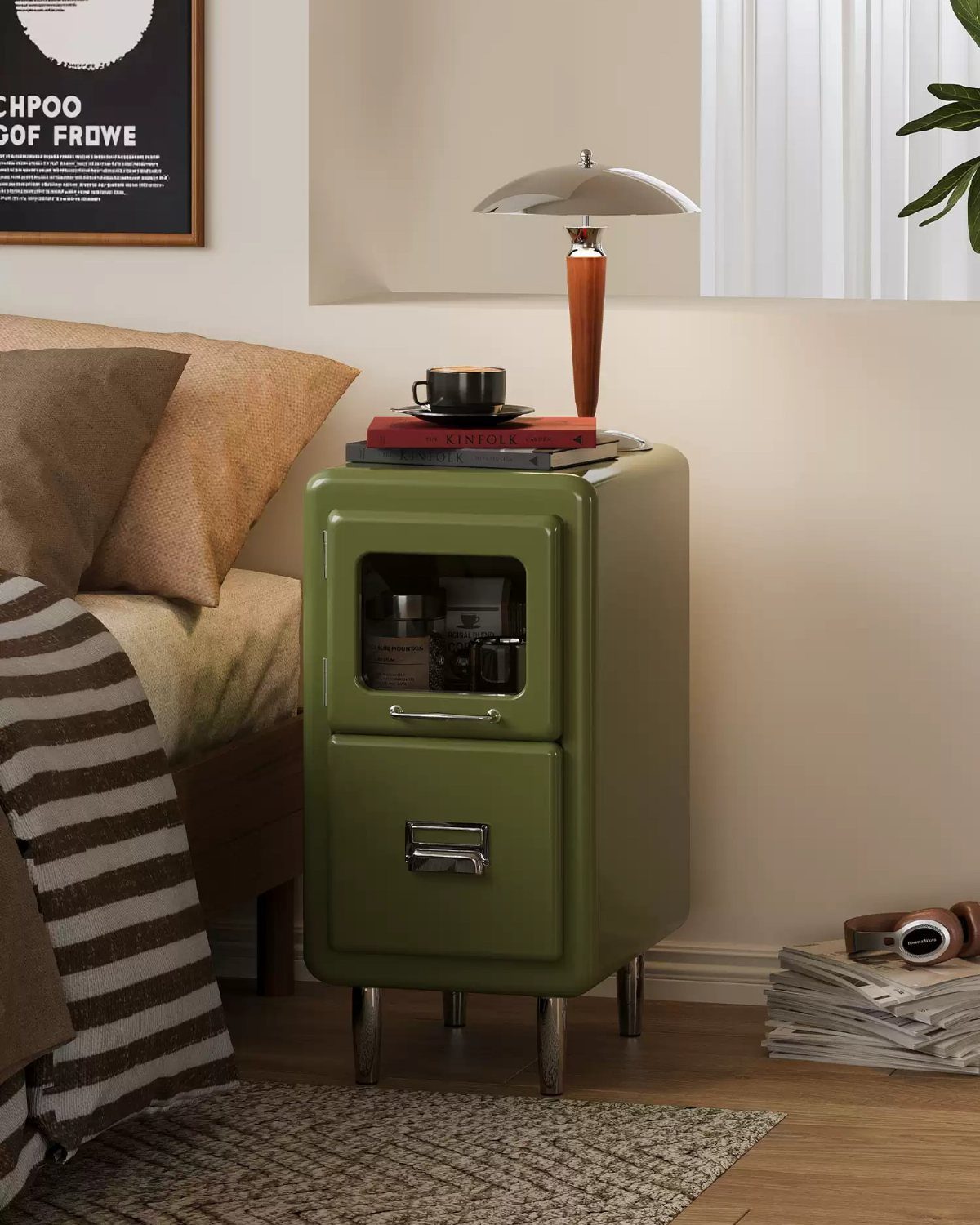 Green vintage mini-fridge used as a nightstand next to a cozy bed