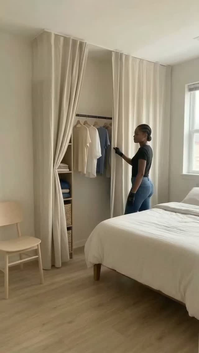 Woman opening beige curtains to reveal a closet with hanging clothes and shelves.