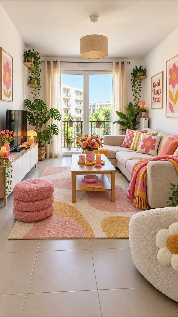 Bright living room with white walls, beige sofa, and colorful floral decor.