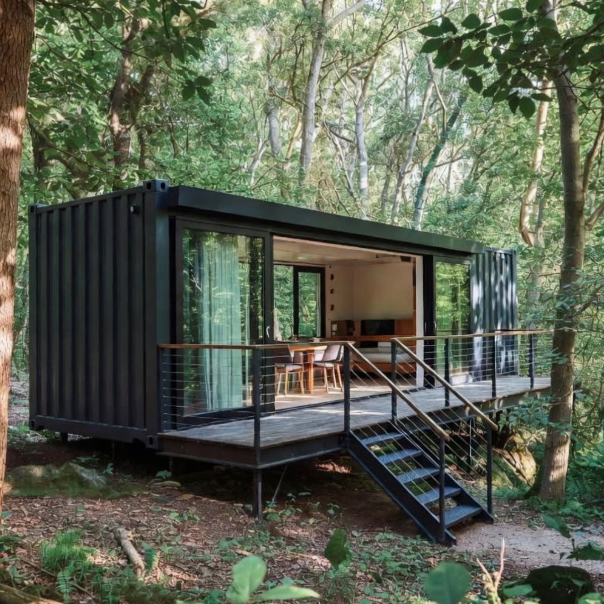 Black shipping container home with wooden deck nestled in a dense green forest